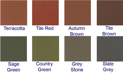 Terracotta, Tile Red, Autumn Brown, Tile Brown, Sage Green, Country Green, Grey Stone, Slate Grey